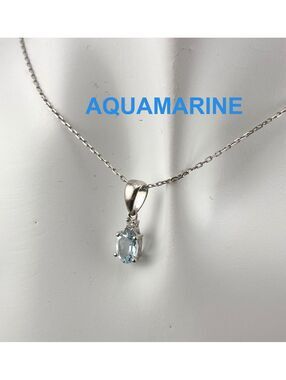 Dainty Aquamarine Oval Faceted Light Blue Stone Set in 925 Sterling Silver 18"